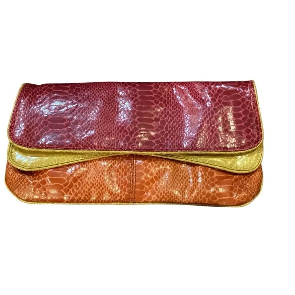 Nine West faux Snake Leather Color-block Fuchsia Yellow Orange Clutch Purse